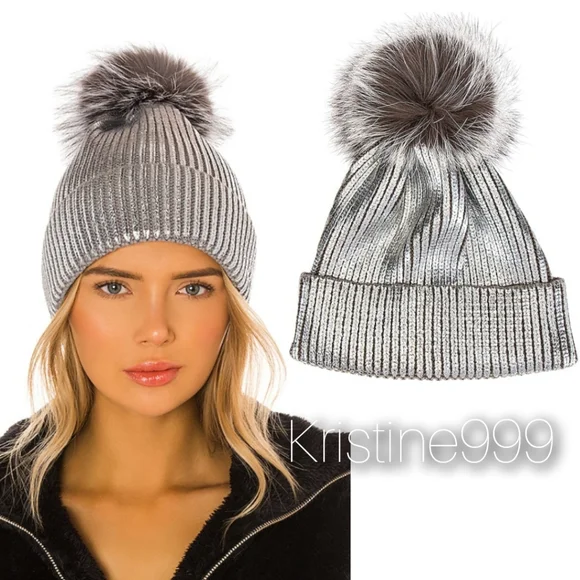 NWT Adrienne Landau Black Rib Knit Pom Beanie Metallic Ribbed Faux Fur Pom-Pom Hat | Parallel main image 4